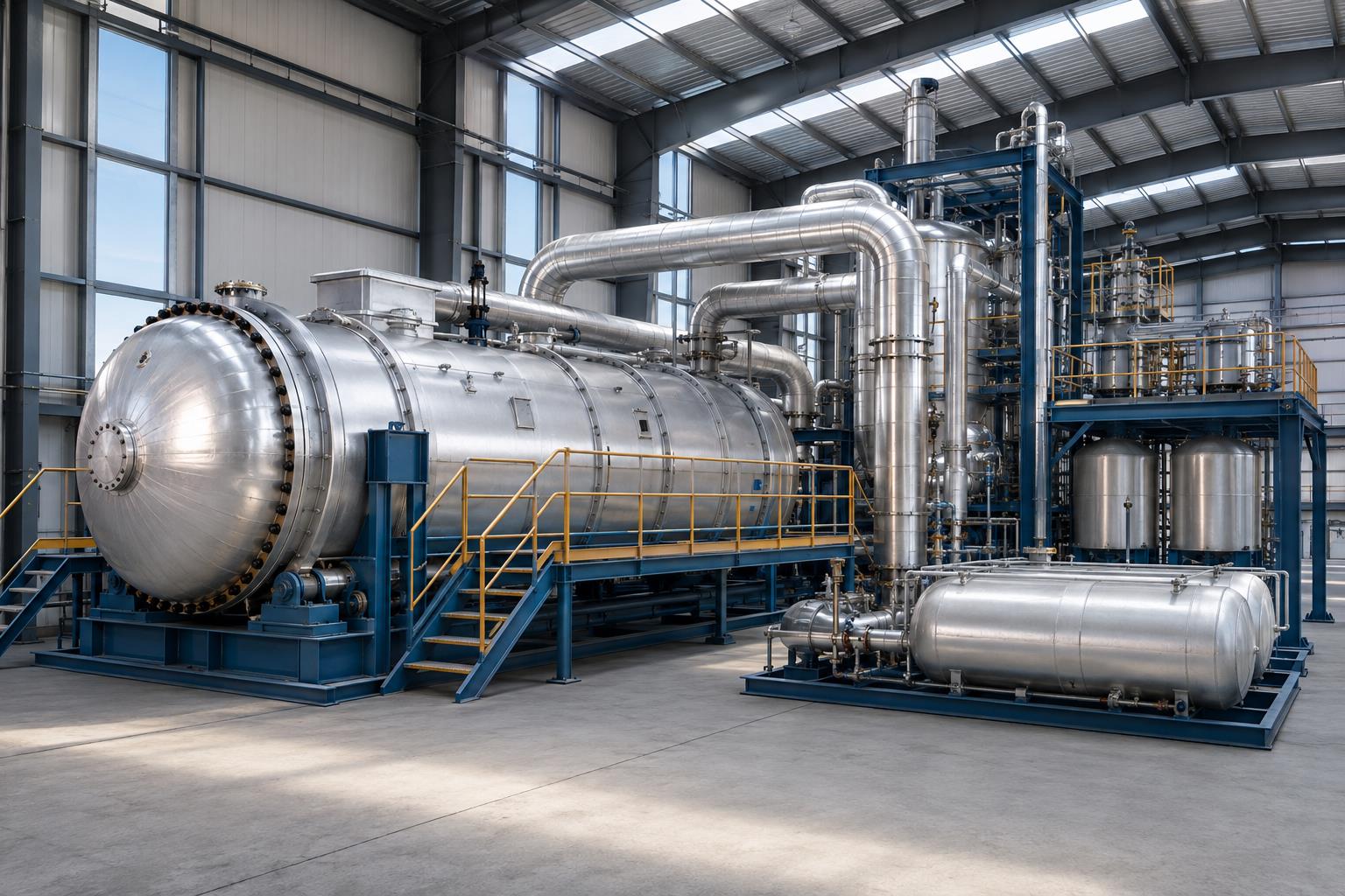 Concept illustration of an industrial plastic pyrolysis plant with an enclosed reactor, condensers and collection tanks