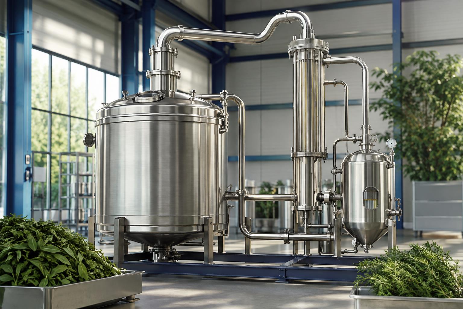 Concept illustration of stainless steel steam distillation equipment for botanical essential oil extraction