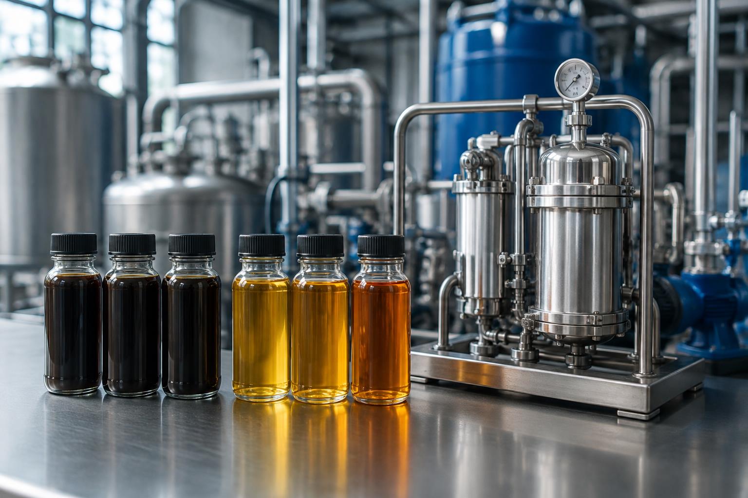 Concept illustration of dark and amber oil samples beside stainless steel oil purification equipment
