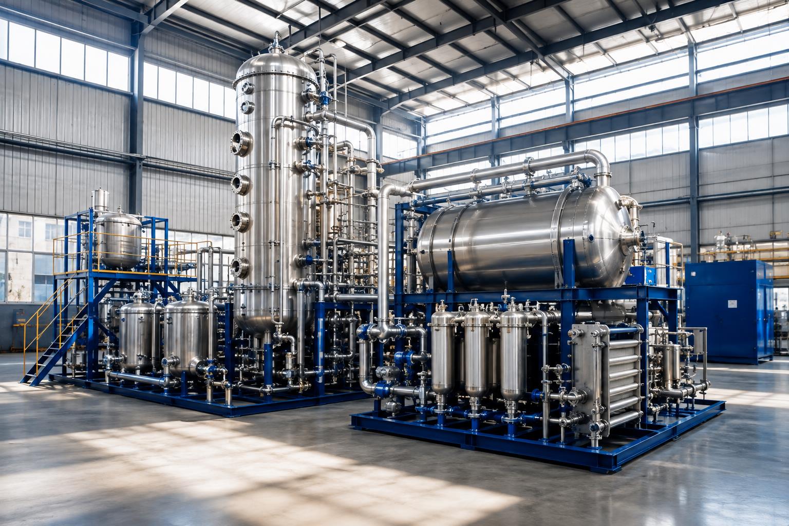 Concept illustration of a used oil recycling plant with distillation tower, filtration assemblies and process tanks