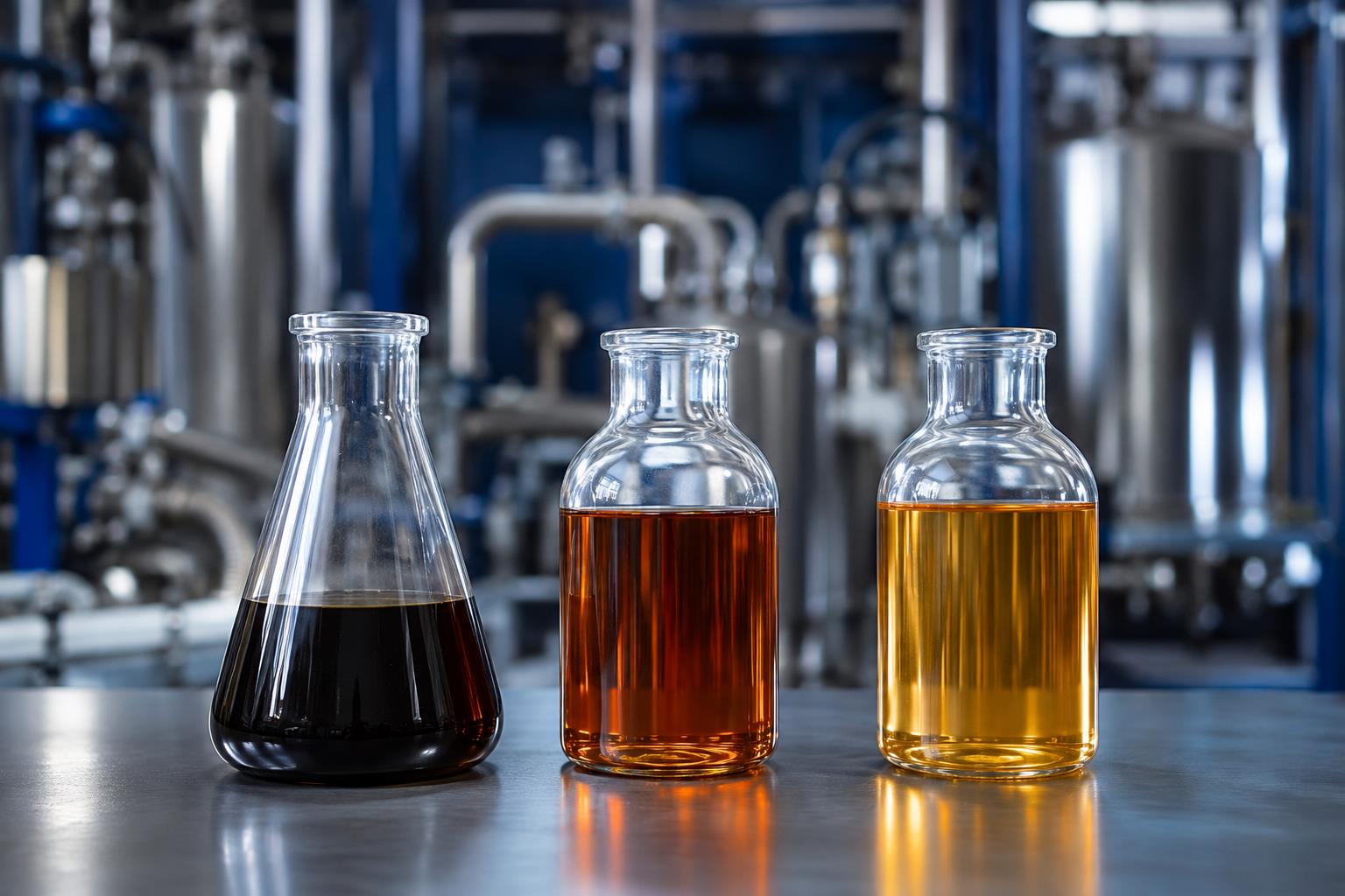 Illustrative oil samples progressing from dark used oil to amber recovered oil